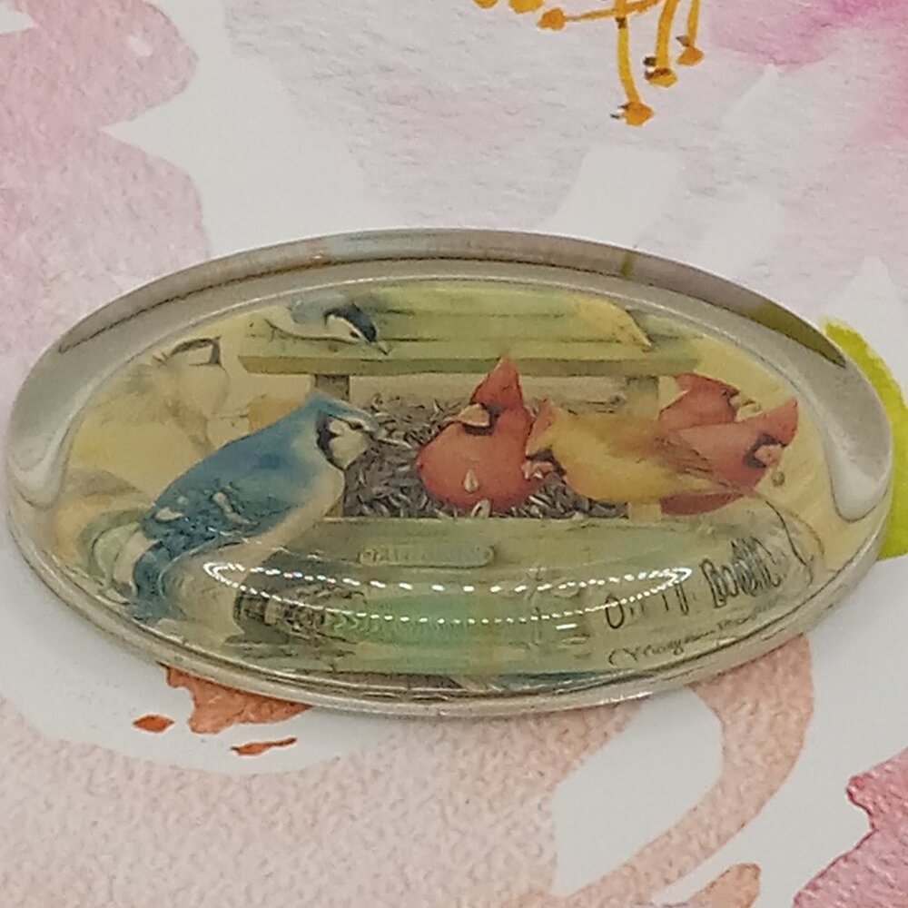BLUE JAY CARDINALS Glass PAPERWEIGHT Marjolein Bastin Bird House Hallmark Vtg